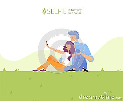 Web page design template. A couple takes a selfie on the lawn in the park. Selfie in harmony with nature. Vector Illustration